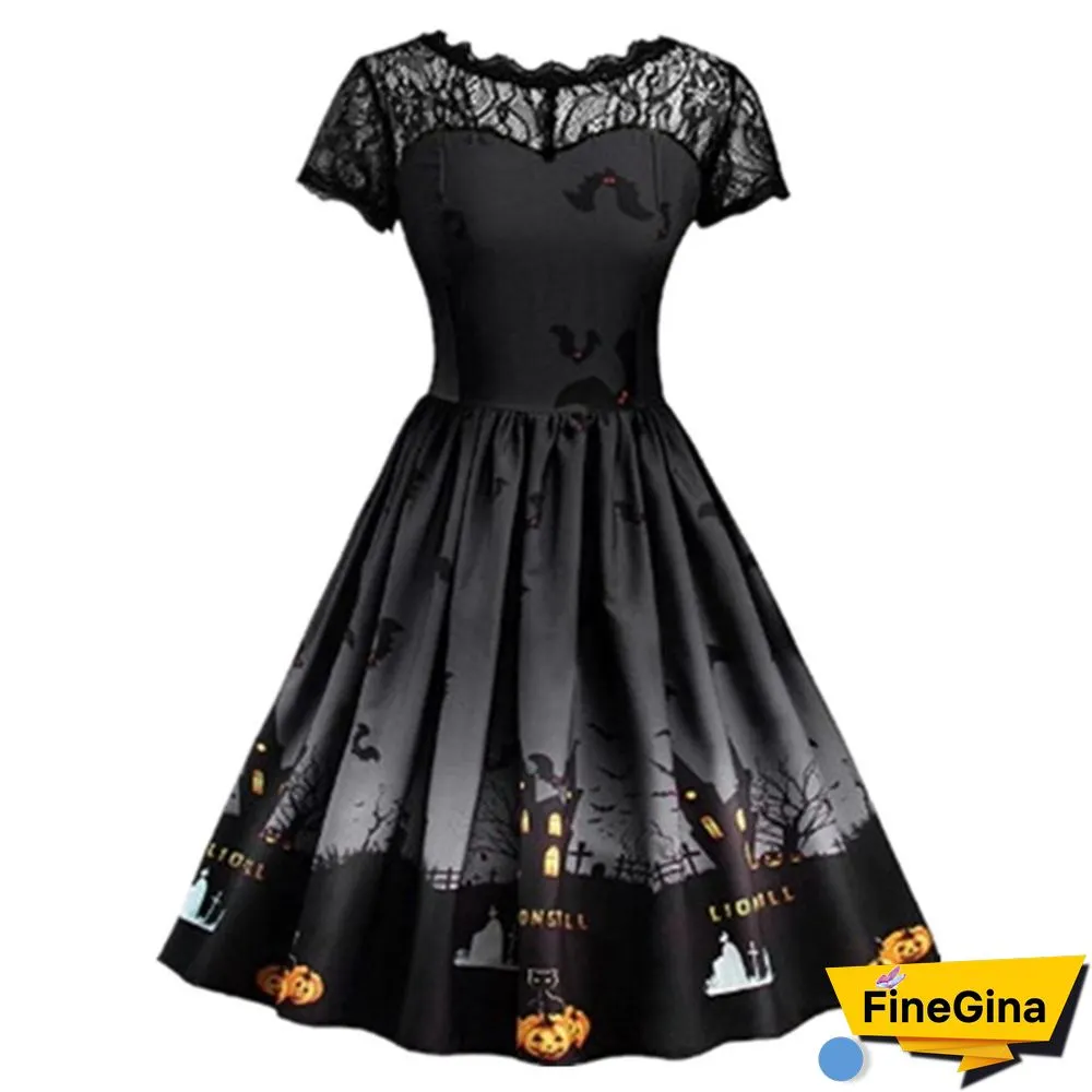 Plus Size Fashion Women Pumpkin Snowflake Print Dress Short Sleeve Lace Dress Christmas Halloween Costume Knee Length Party Dresses