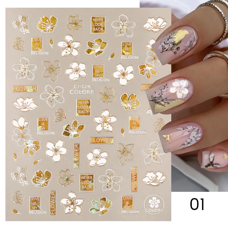 1 Pc 3D Nail Stickers Leaves Sliders for Nails Gold White Bronzing Flowers Gradient Adhesive Sticker Nail Design Art Decorations-Nail Inspo