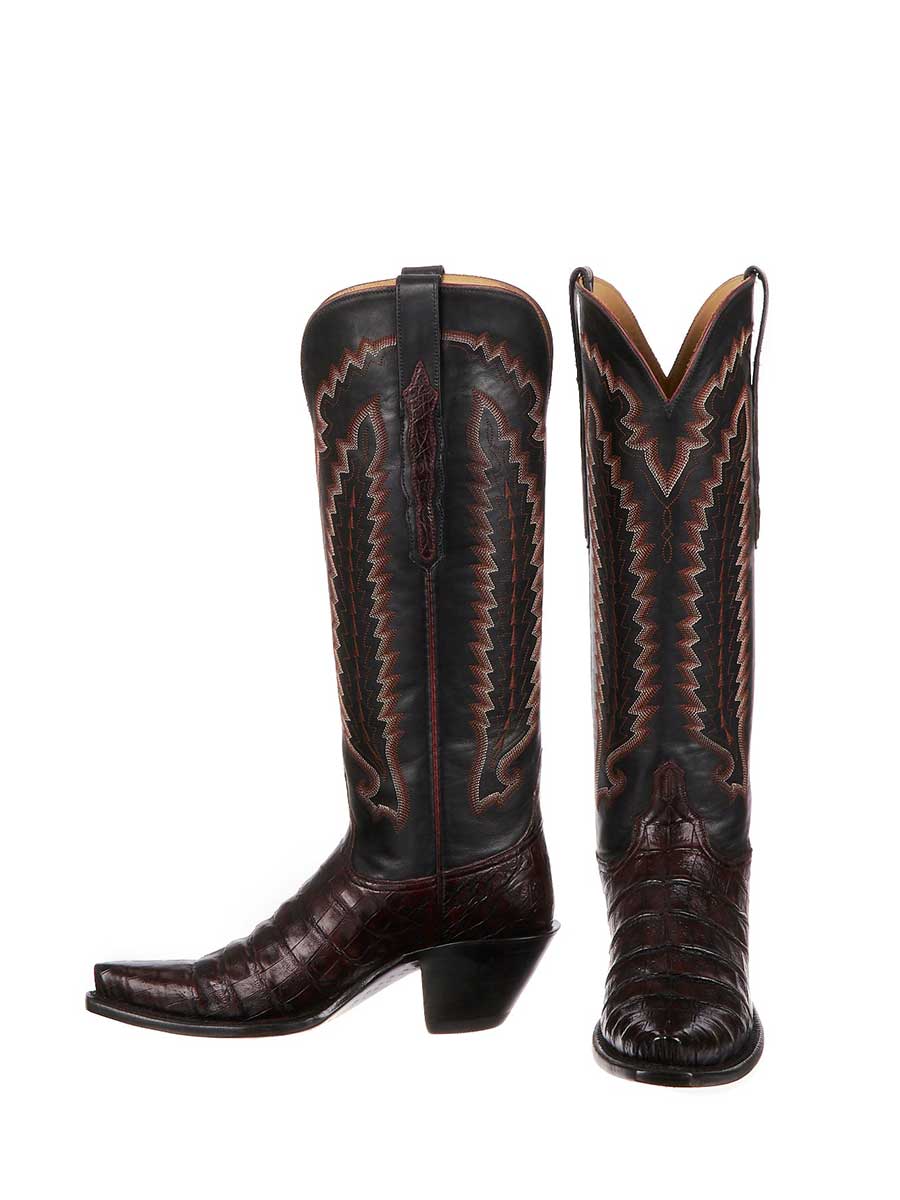 Black Snip Toe Embroidered Brown Croc-Embossed Knee High Cowgirl Boots  