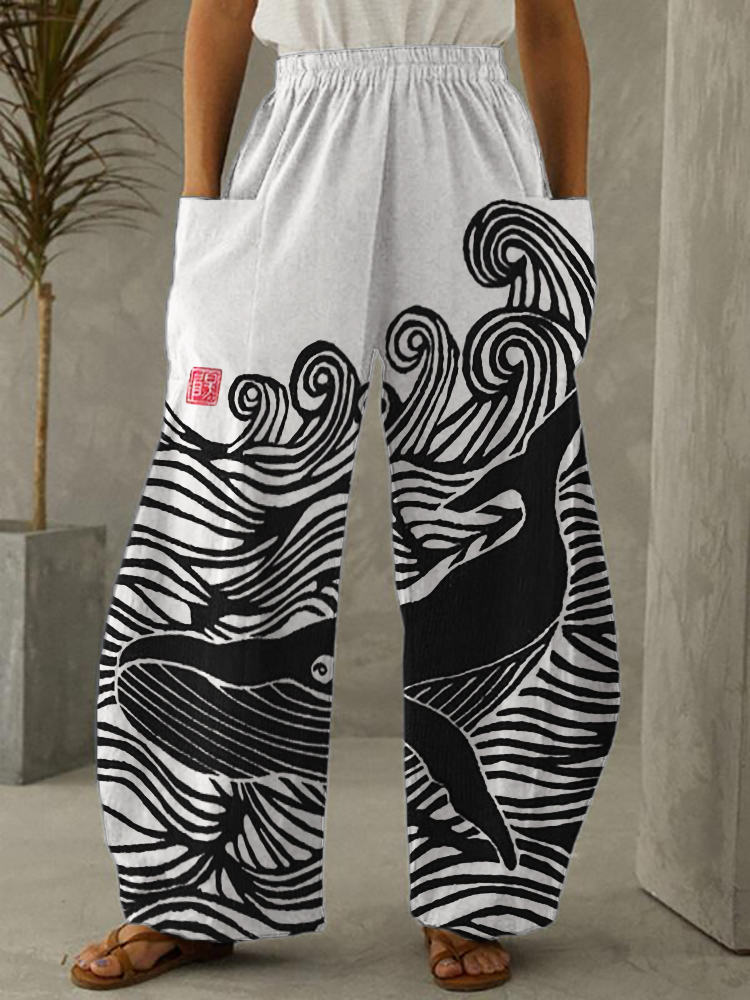 Whale & Waves Japanese Lino Art Wide Leg Pants