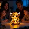 LED 3D Animal Night Lamps Sunflower Highland Cow Table Lamp Cute Bedside Decorations Lamp USB Handcrafted Stained Glass Night Light for Living Room Desk Decor