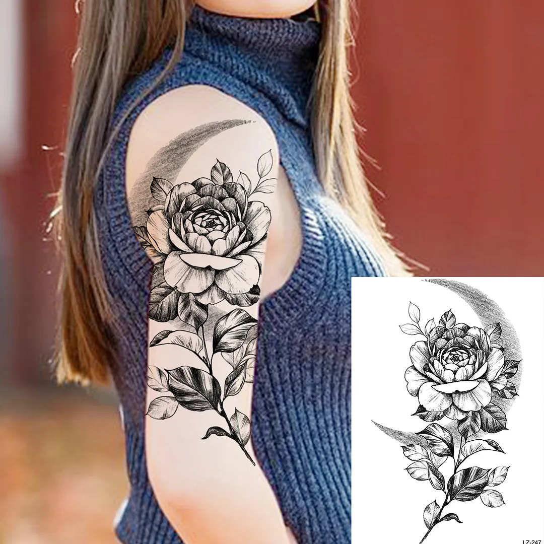 Sdrawing Peony Flower Temporary Tattoos For Women Adults Realistic Compass Moon Pendant Fake Tattoo Sticker Arm Body Tatoos