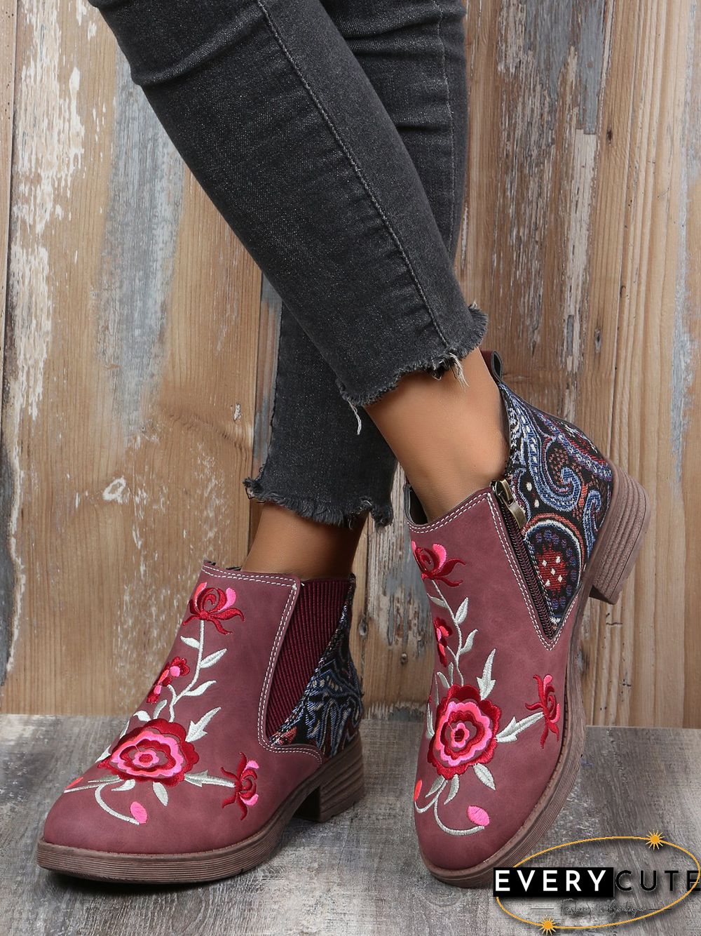 Retro Ethnic Stitching Flower Embroidery Zipper Ankle Boots