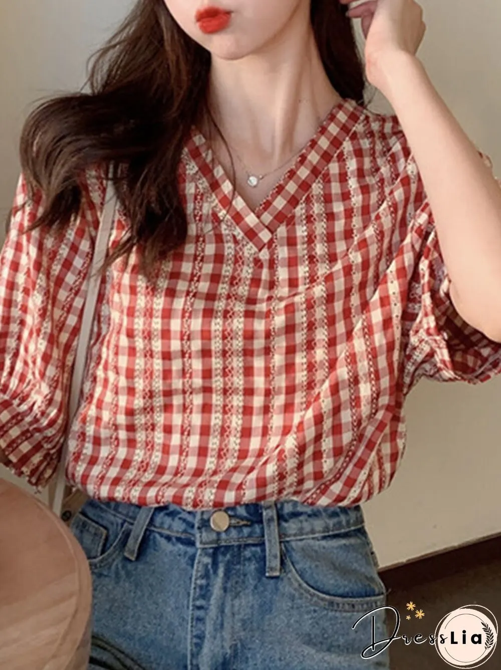 Check Print V-neck Loose Short Sleeve Women Blouse