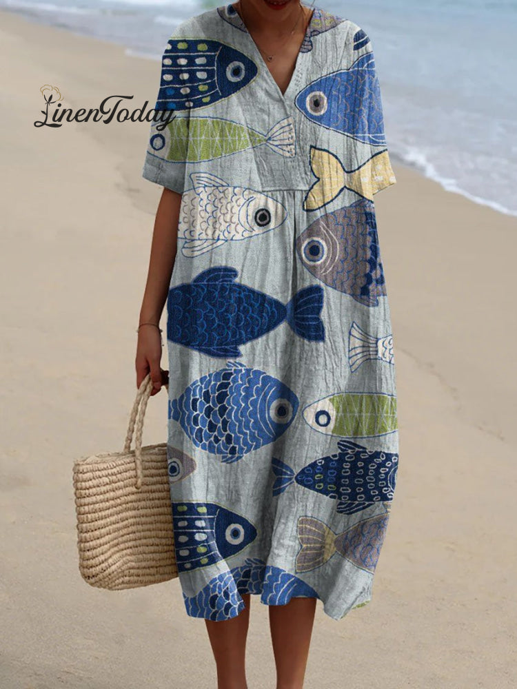 Women&rsquo;s Vintage Lovely Fish Art Print Flowy Dress Multicolor / S