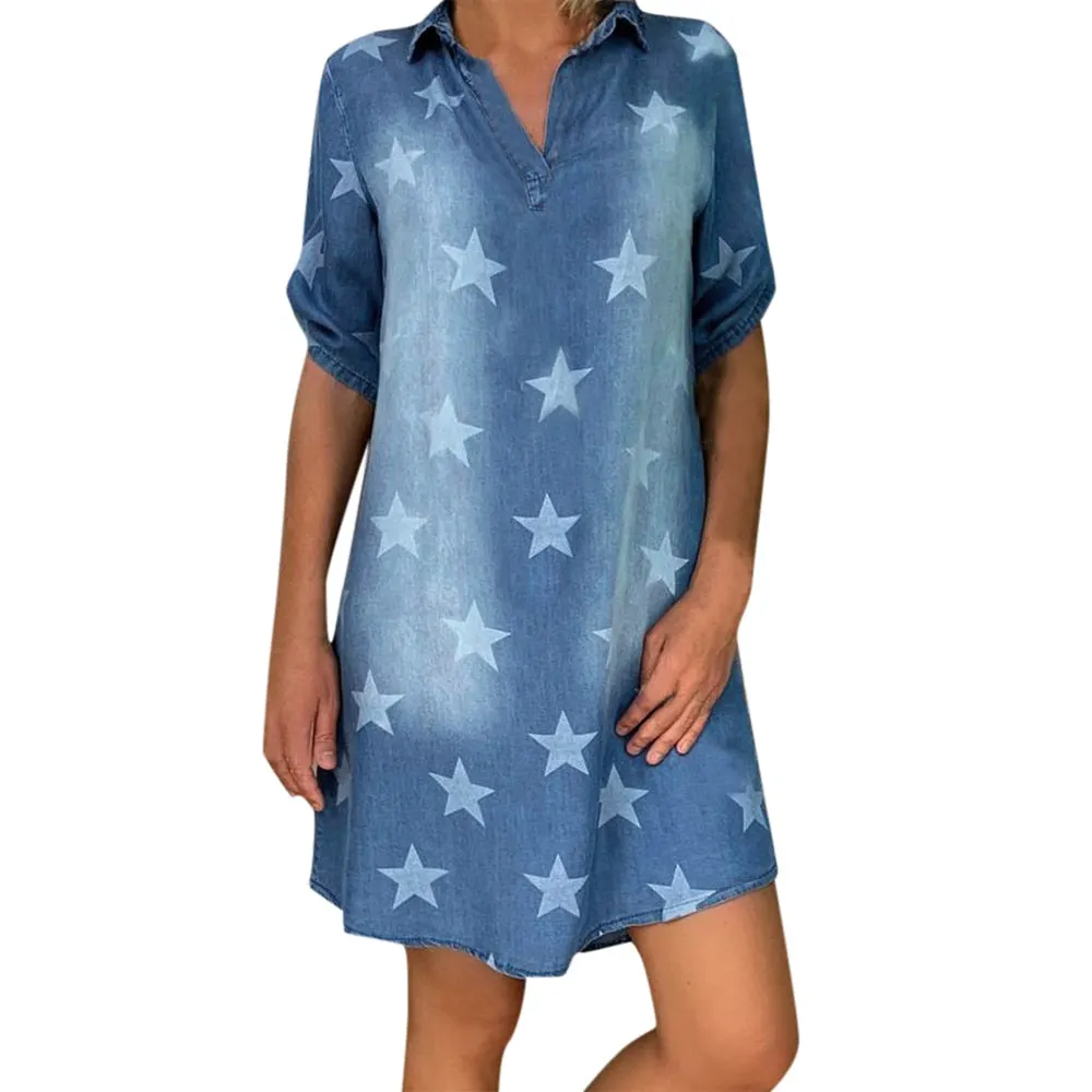 Star Print Denim Mini Dress for Women Summer Turn-down Collar Shirt Dresses Fashion Short Sleeve Jeans Dress Pullover 2021 D30