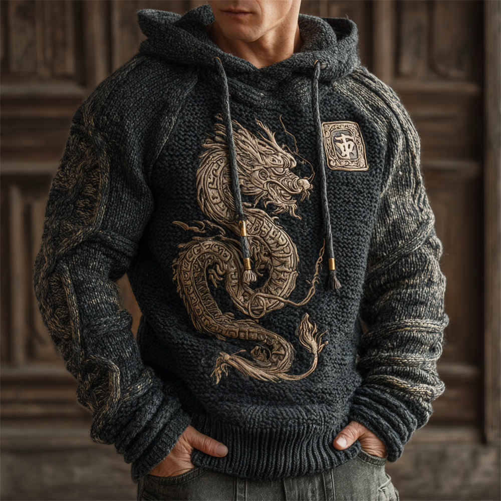 Japanese Dragon Knit Art Men's Hooded Sweater
