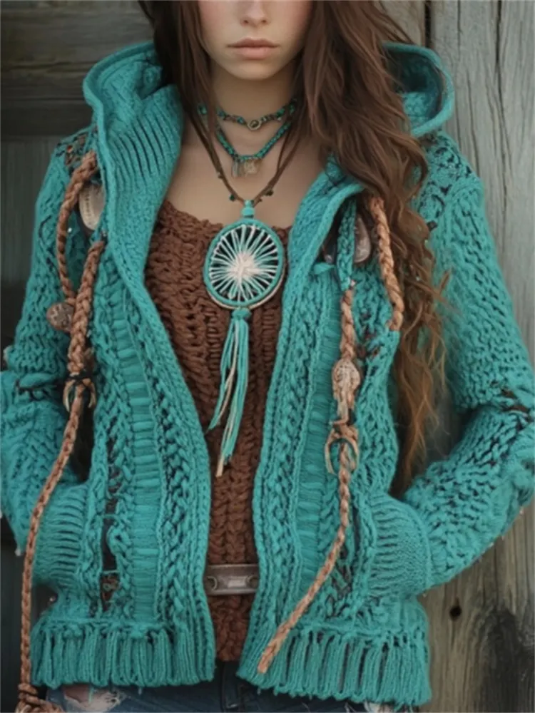 Western Vintage Fringe Turquoise Hooded Chunky Cardigan