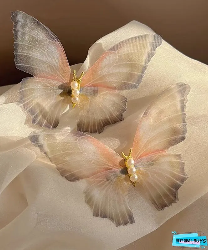 Style Blue Sterling Silver Overgild Pearl Tulle Butterfly Hairpin