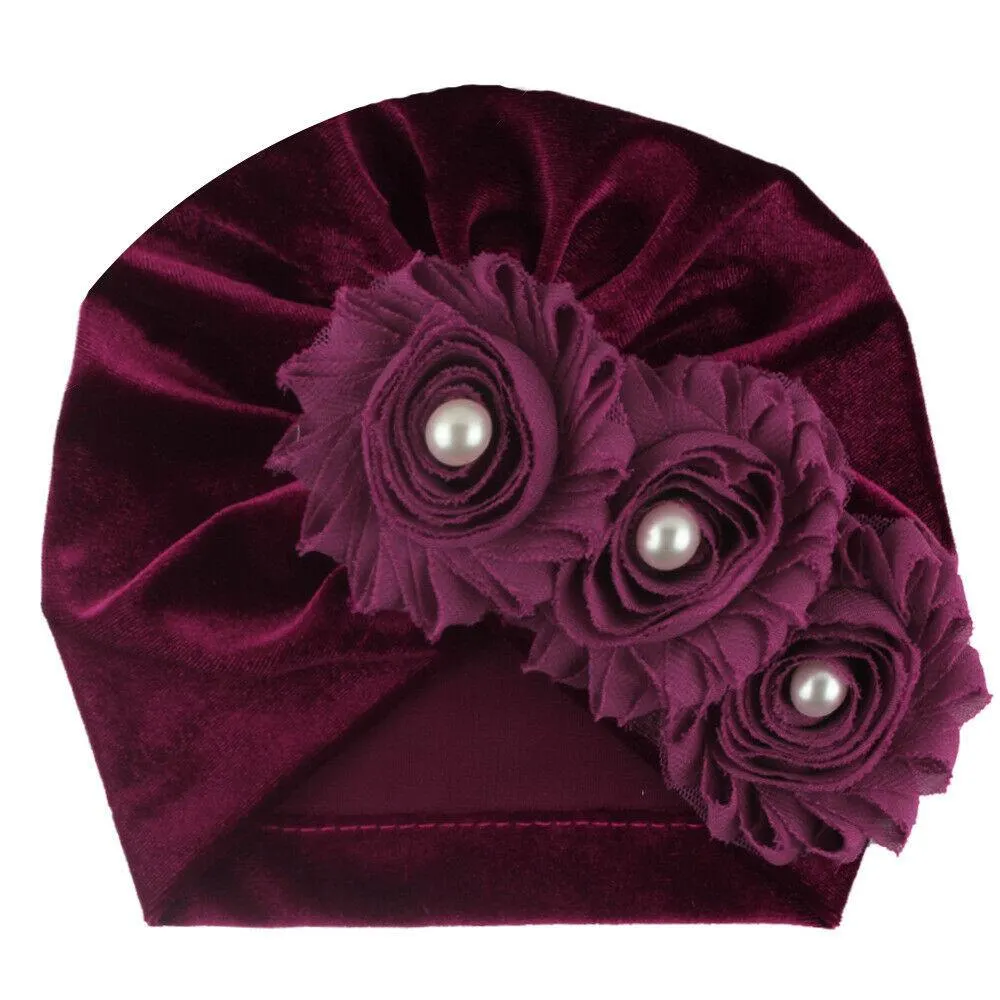 2019 Baby Accessories Newborn Infant Kids Baby Boy Girl Indian Turban Twist Knot Velvet Beanie Hat Pearl Flower Solid Soft Cap