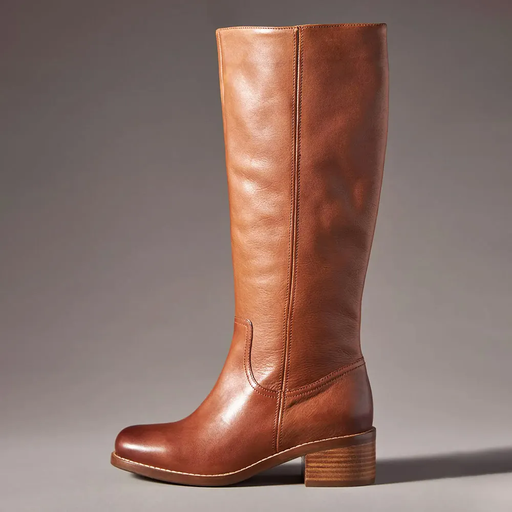 Ombre Brown Vegan Leather Round Toe Retro Knee-High Heel Boots