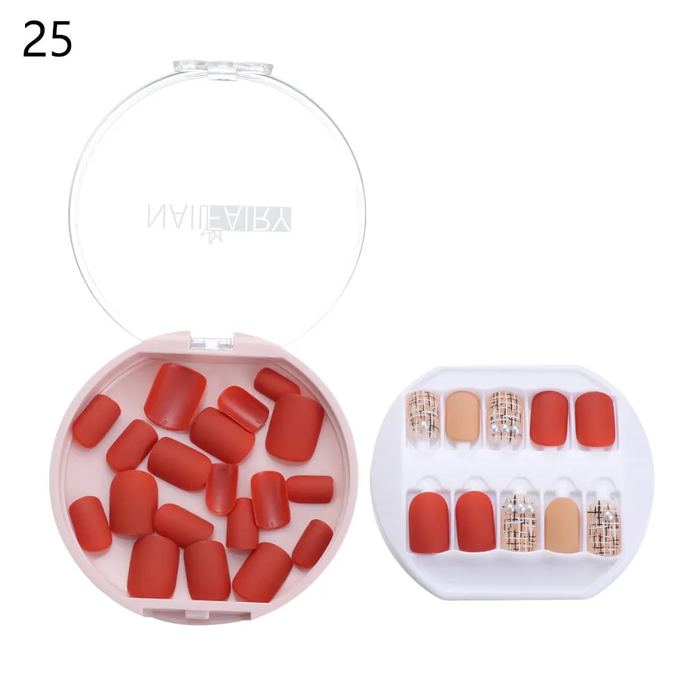 30PCS/Set Fake Nails Press Coffin False Full Artificial Short Kiss Detachable Stick Designs Press Nails Art Tipsy Cover Box