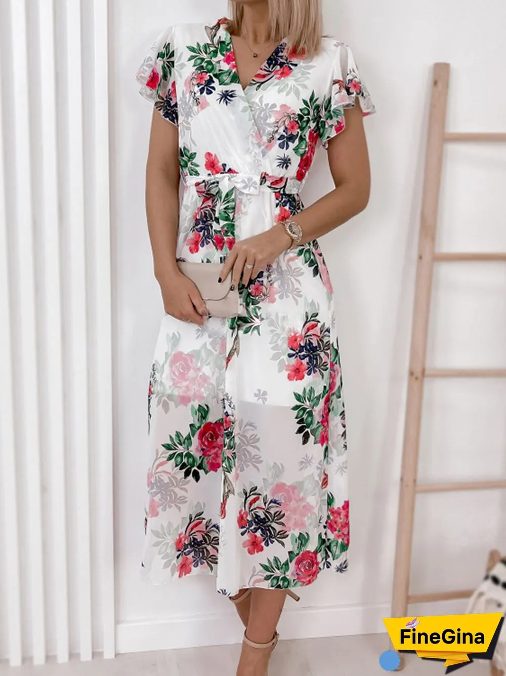 Women Casual Floral Tie-Up Long Dress Elegant V-Neck Simple A-Line Maxi Dress Mujer Summer Ruffle Sleeveless Chiffon Print Dress