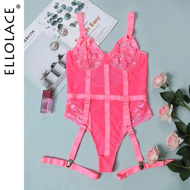 Ellolace Sexy Red Bodysuit Women Bodycon Lace Hollow Out Underwire Lingerie Body Sleeveless Top High Cut Bodysuit with Crotch