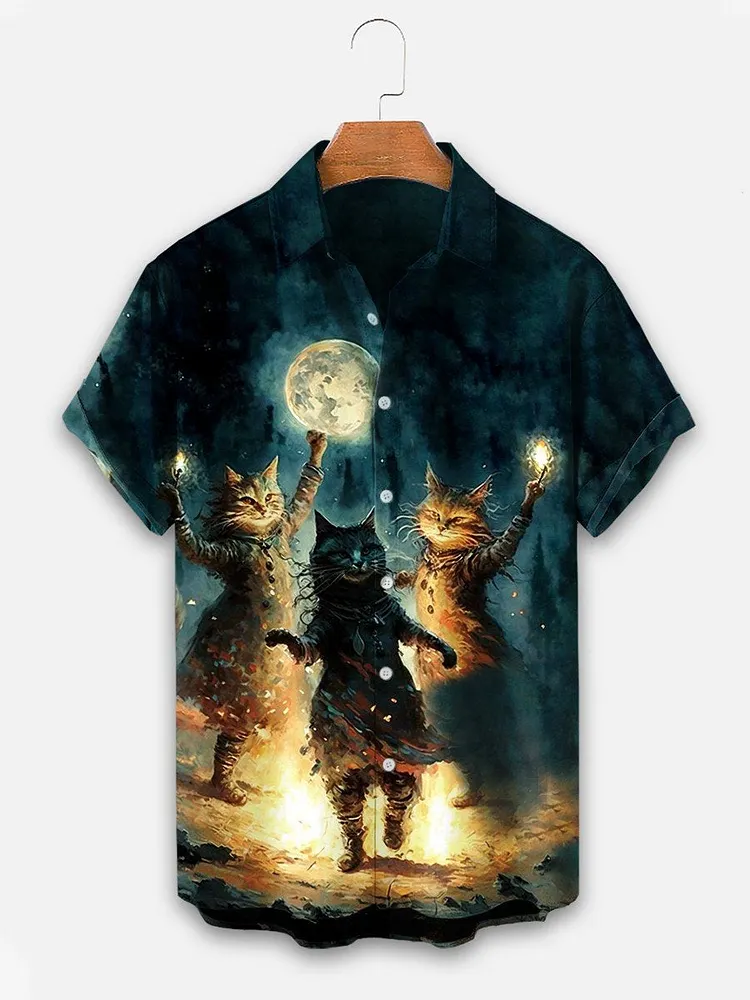 Men's Halloween Cat Print Casual Shirt