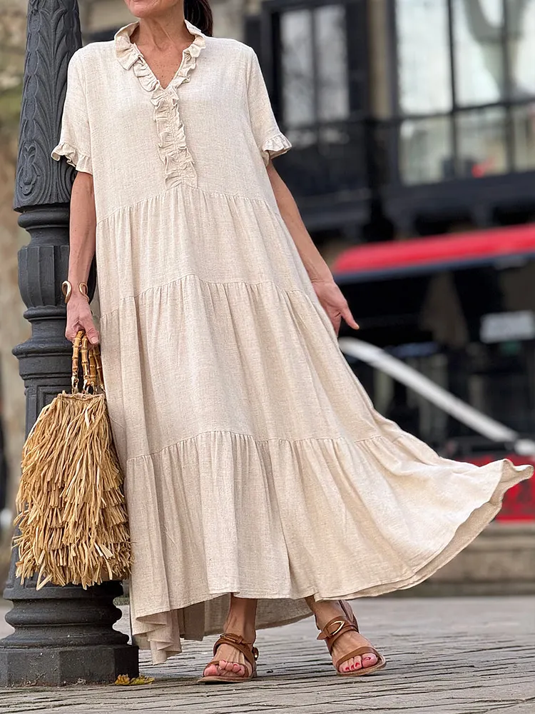 Women's Ruffle Collar Pocket Cotton and Linen Dress