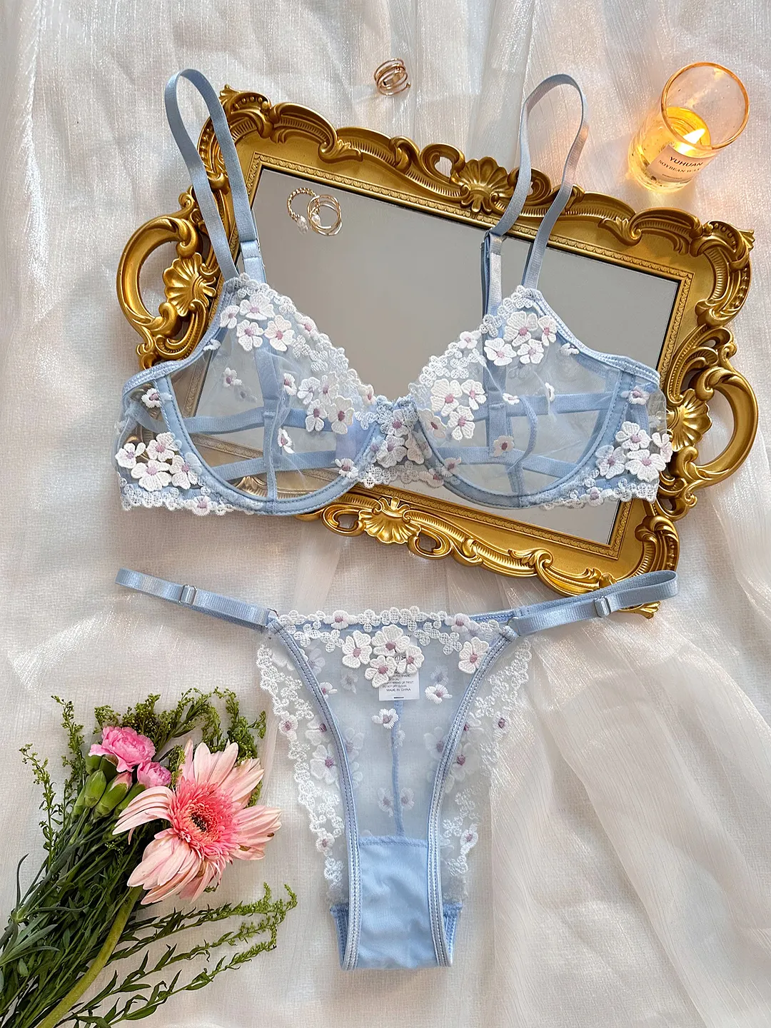 Sdrawing French Sweet Print Embroidery Mesh Perspective Comfort Set In Autumn 2025