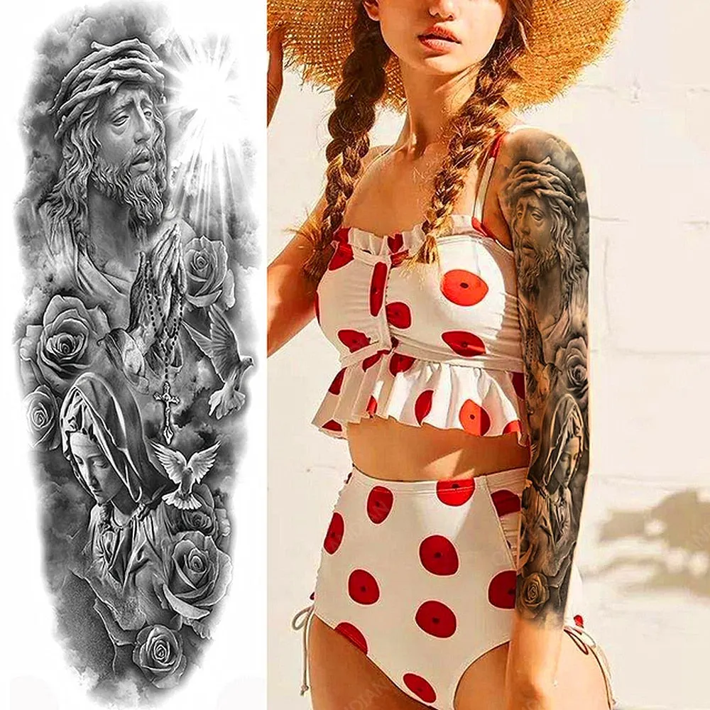 Large Arm Sleeve Tattoo Rose Lion Wolf Waterproof Temporary Tatto Sticker Flower Clock Waist Leg Body Art Full Fake Tatoo Women