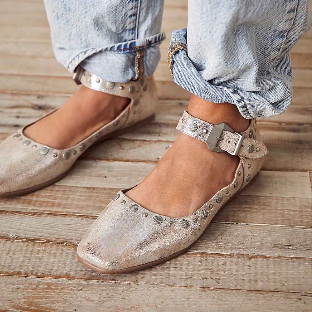Chic Champagne Square Toe Buckle Ankle Strap Flats with Studs Nicepairs