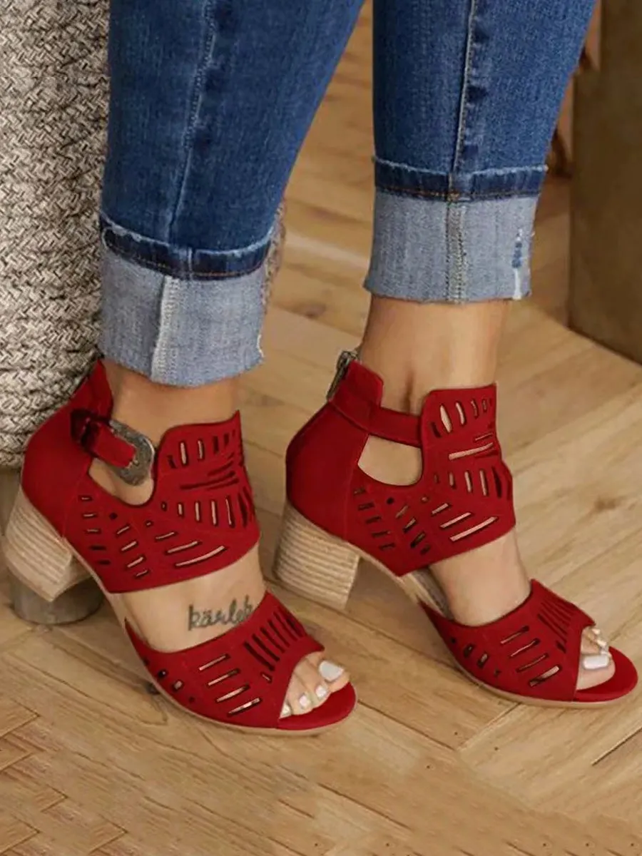 Hollow Out Plain Chunky High Heeled Peep Toe Date Travel Sandals