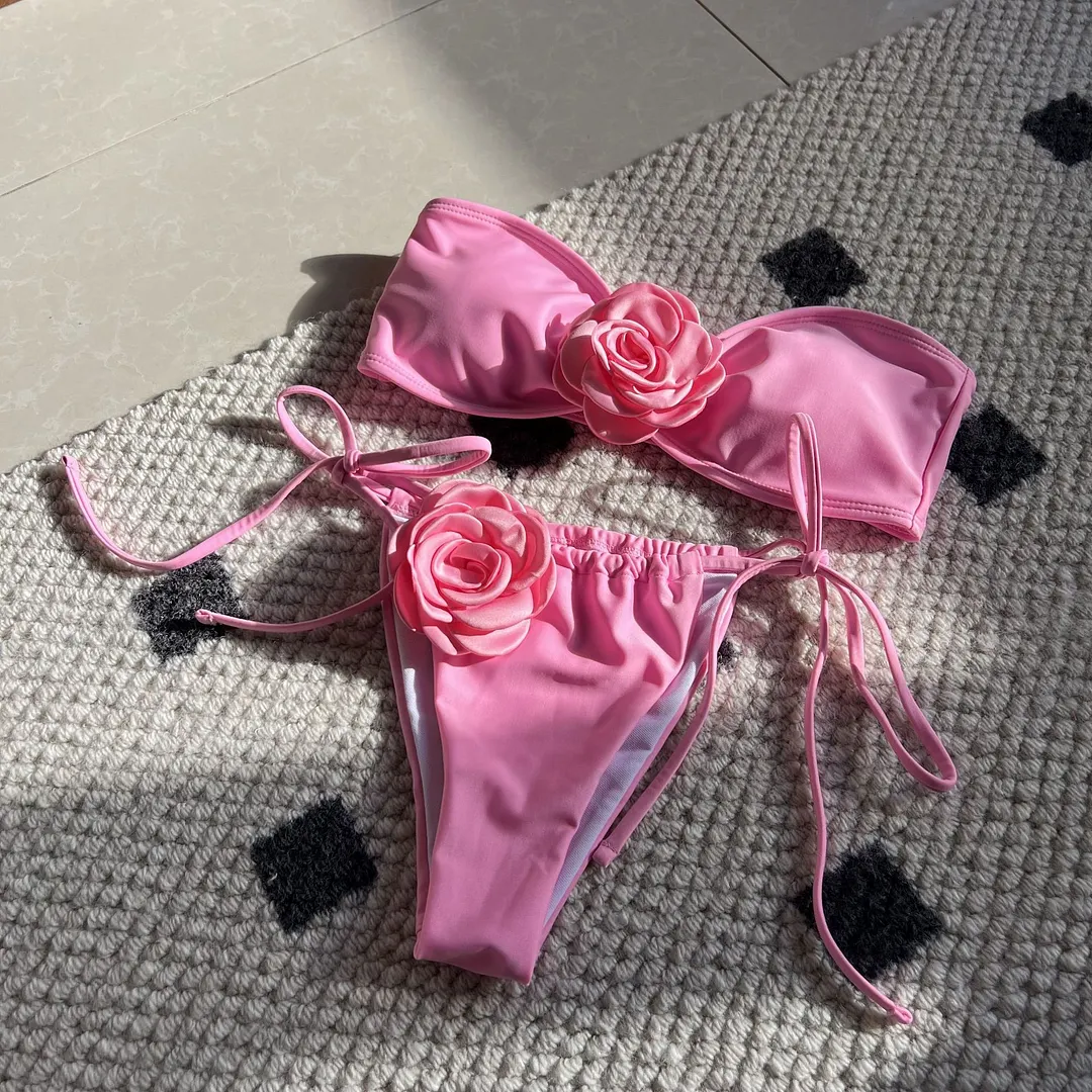 Uveng 2024 New Solid-Colored Rose Breast Drawstring Strap Split Swimsuit Bikini9150