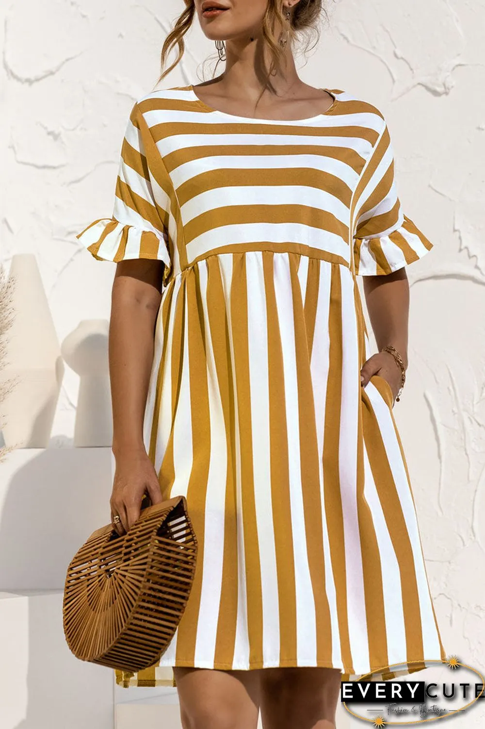 Fashion Casual Striped Split Joint O Neck A Line Dresses