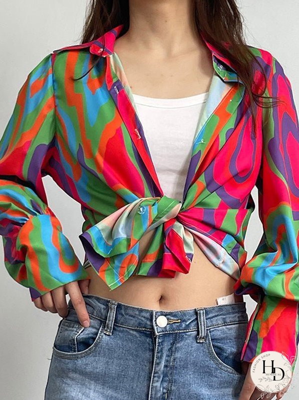 Blouses Loose Print Button Balloon Sleeve Blouse for Women