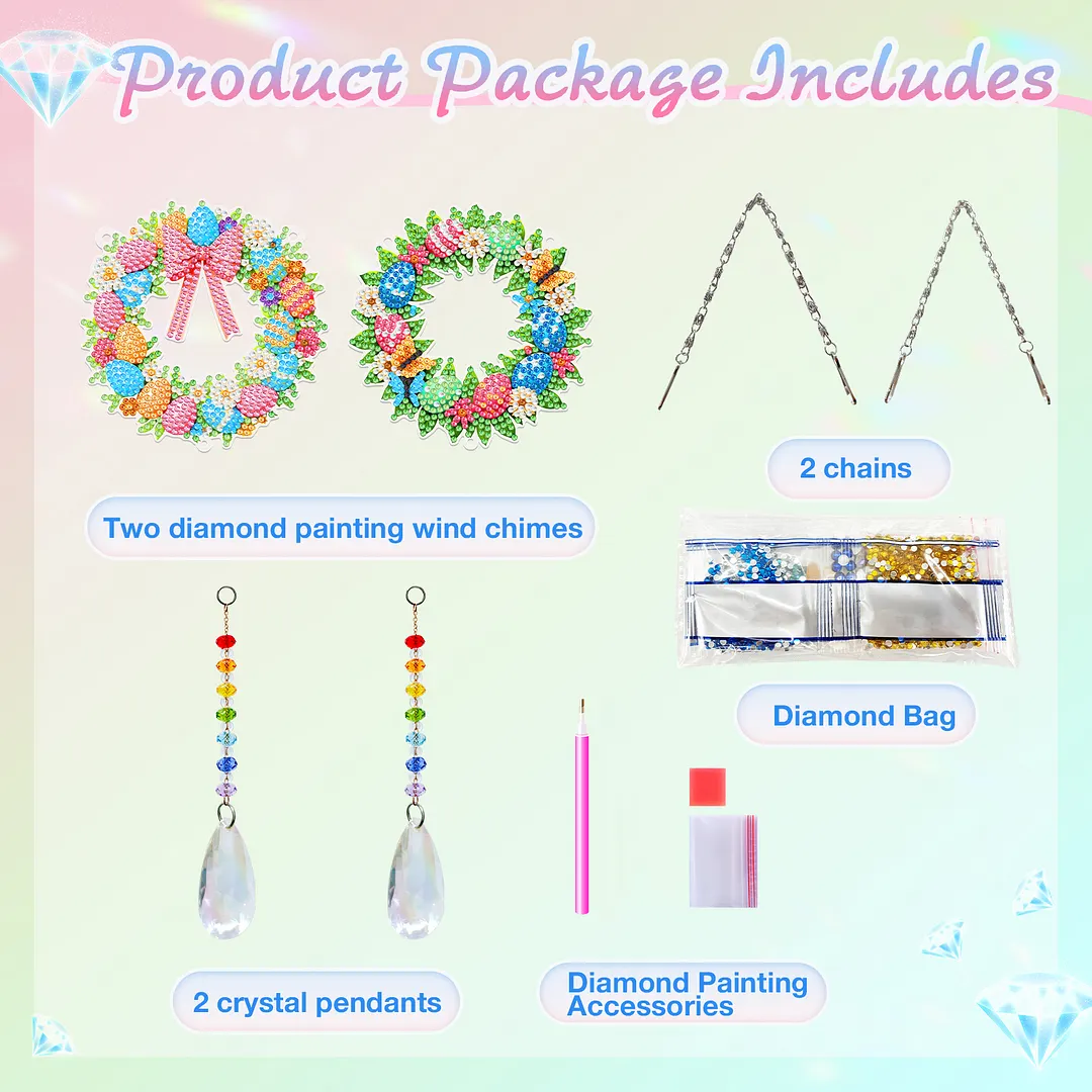 2Pcs Wreath DIY Acrylic Diamond Painting Art Wind Chimes with Crystal Pendant Diamond Art Hanging Pendant Double-Sided for Adults Beginners Gift Home Garden Decor