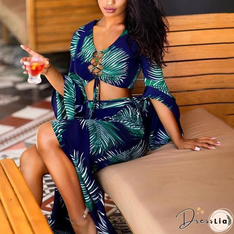 Sexy Two-Piece Lace Up Flare Sleeve Floral Printed Crop Tops Skirts Outfits