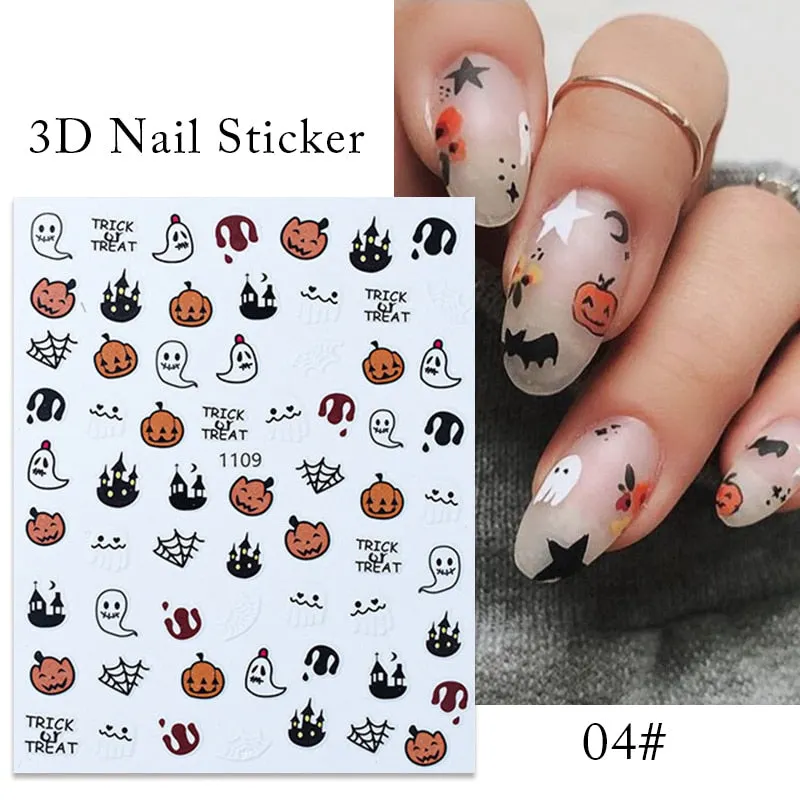 1pcs Halloween Pumpkin Skull Design 3D Nail Stickers Geometry Christmas Snowflake Winter Slider Nail Foils Manicures Decoration
