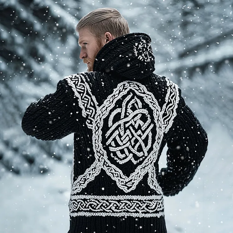 Men's Viking Tribal Jacquard Celtic Inspired Chunky Knit Hooded Sweater