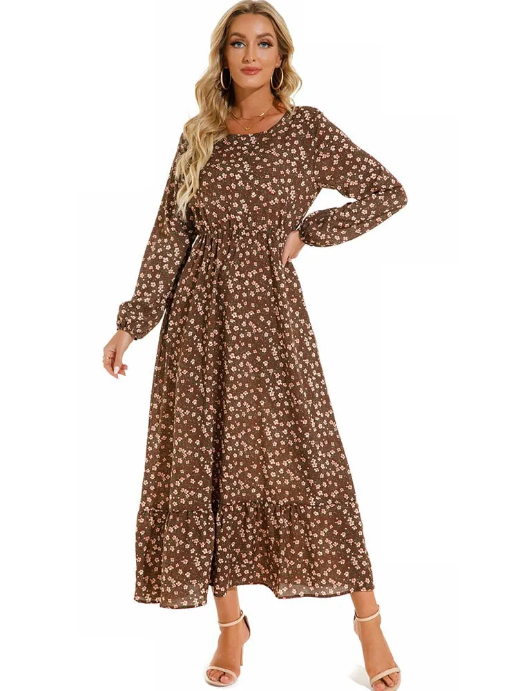 Floral Print Long Dress Women Lantern Long Sleeve High Waist Elegant Party Dress Ladies Casual Spring Summer Beach Maxi Dress