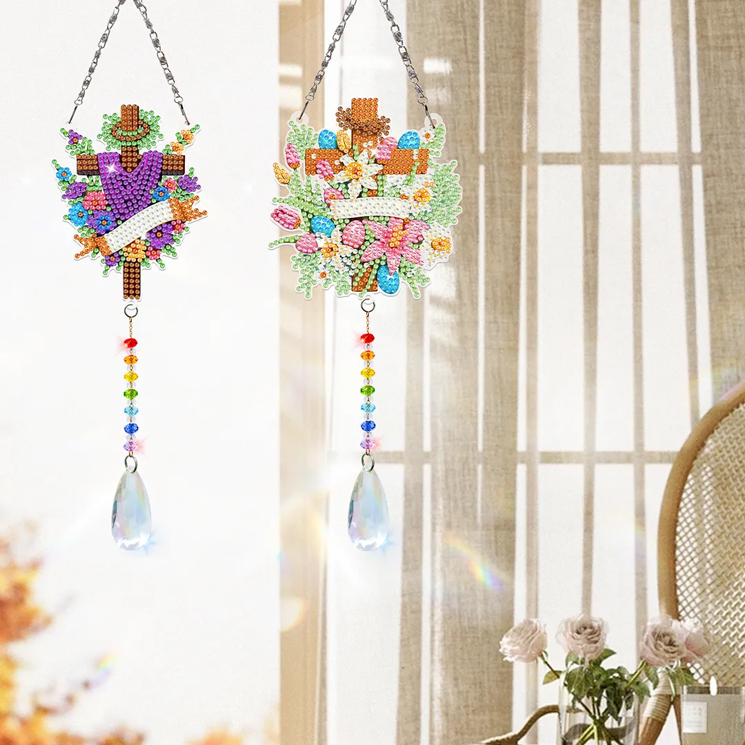 2Pcs Cross Faith DIY Acrylic Diamond Painting Art Wind Chimes with Crystal Pendant Diamond Art Hanging Pendant Double-Sided for Adults Beginners Gift Home Garden Decor