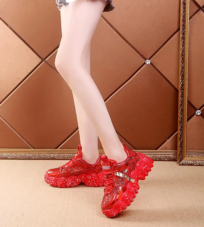 Fashion Women Shoes Dad Chunky Sneakers Women Luxury Comfortable Glossy Thick Sole Ladies Platform Wave Bottom Trainers Female