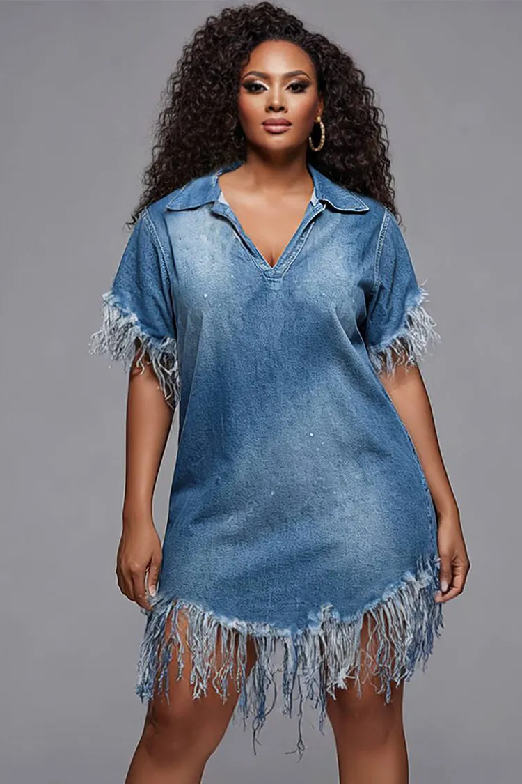 Xpluswear Design Plus Size Party Vintage Blue V Neck Short Sleeve Strappy Denim Mini Dresses [Pre-Order] 2024 - Xpluswear
