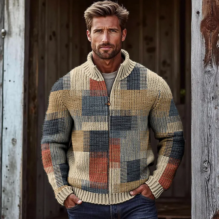 Men's Vintage Western Patchwork Design Graphic Zip Sweater