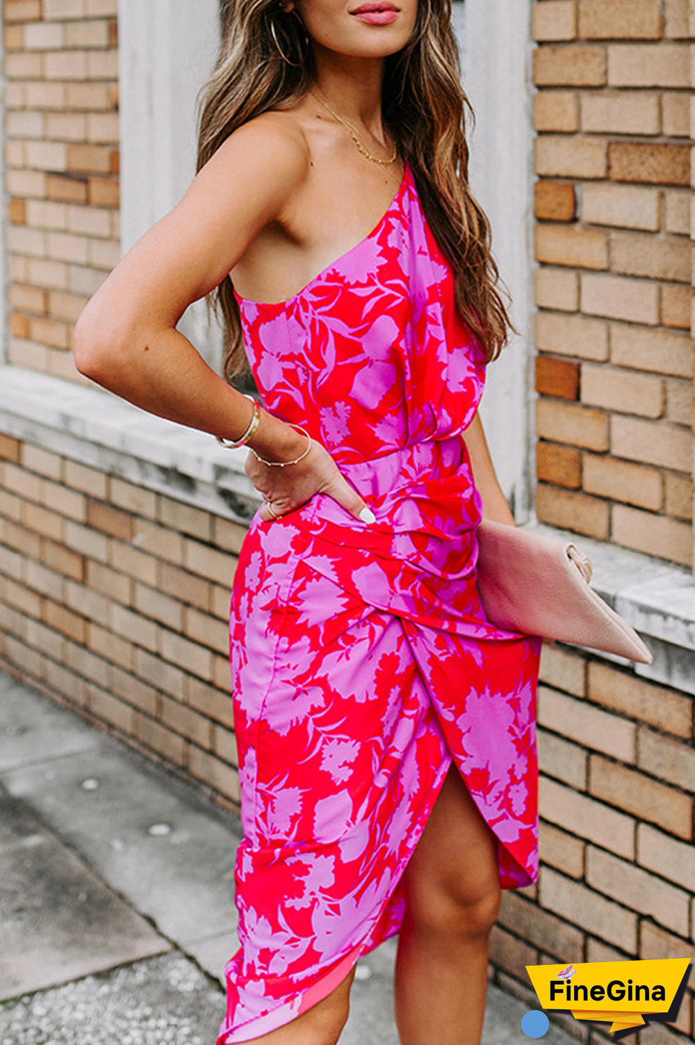 KarliDress Floral Print One Shoulder Irregular Hem Midi Dress P12534