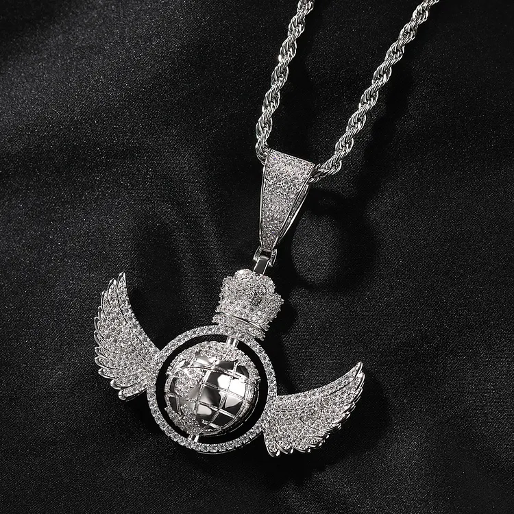 Iced Rotating Globe Pendants Hip Hop Bling Bling Necklaces For Women And Men