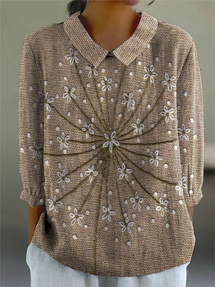 Women's Vintage Pattern Embroidery Art Print Casual Cotton And Linen 3/4 Sleeve Shirt