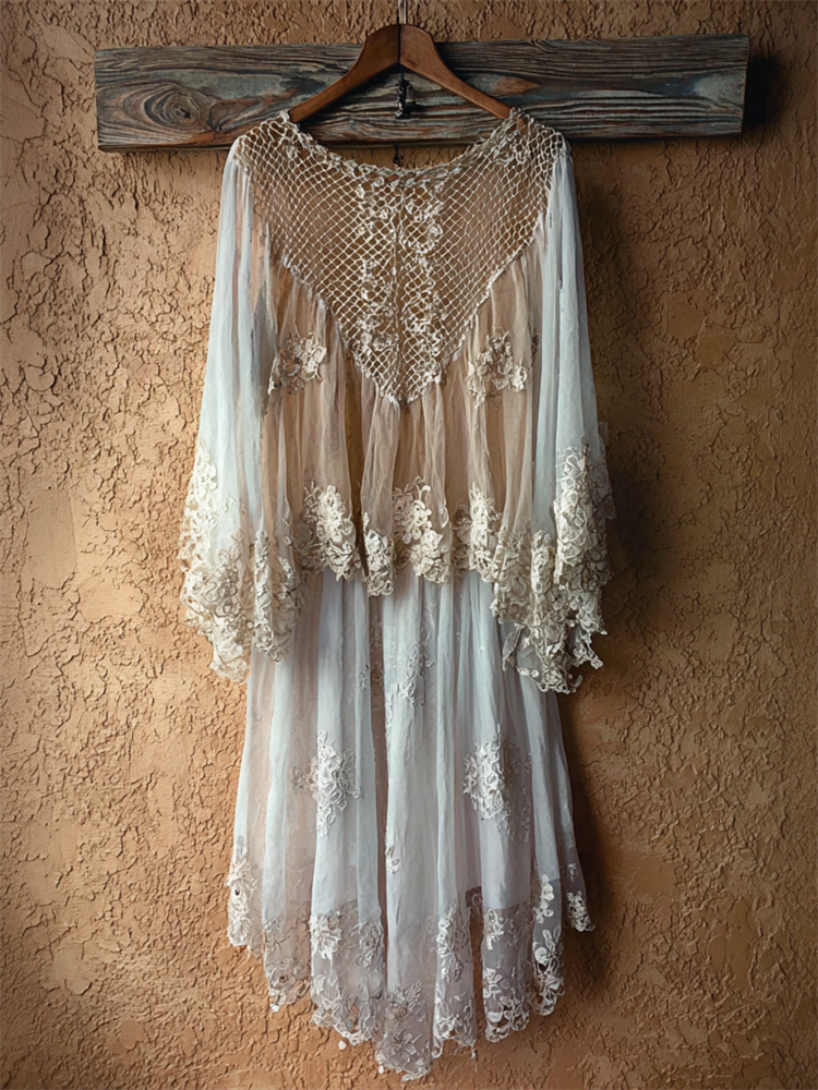 Vintage Boho Floral Lace Embroidered Flowy Maxi Dress elevenforest