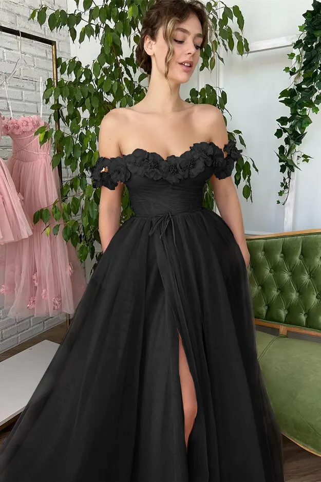 Dusty Pink Off-The-Shoulder Strapless A-Line Slit Evening Dress With Tulle  Appliques ED0470