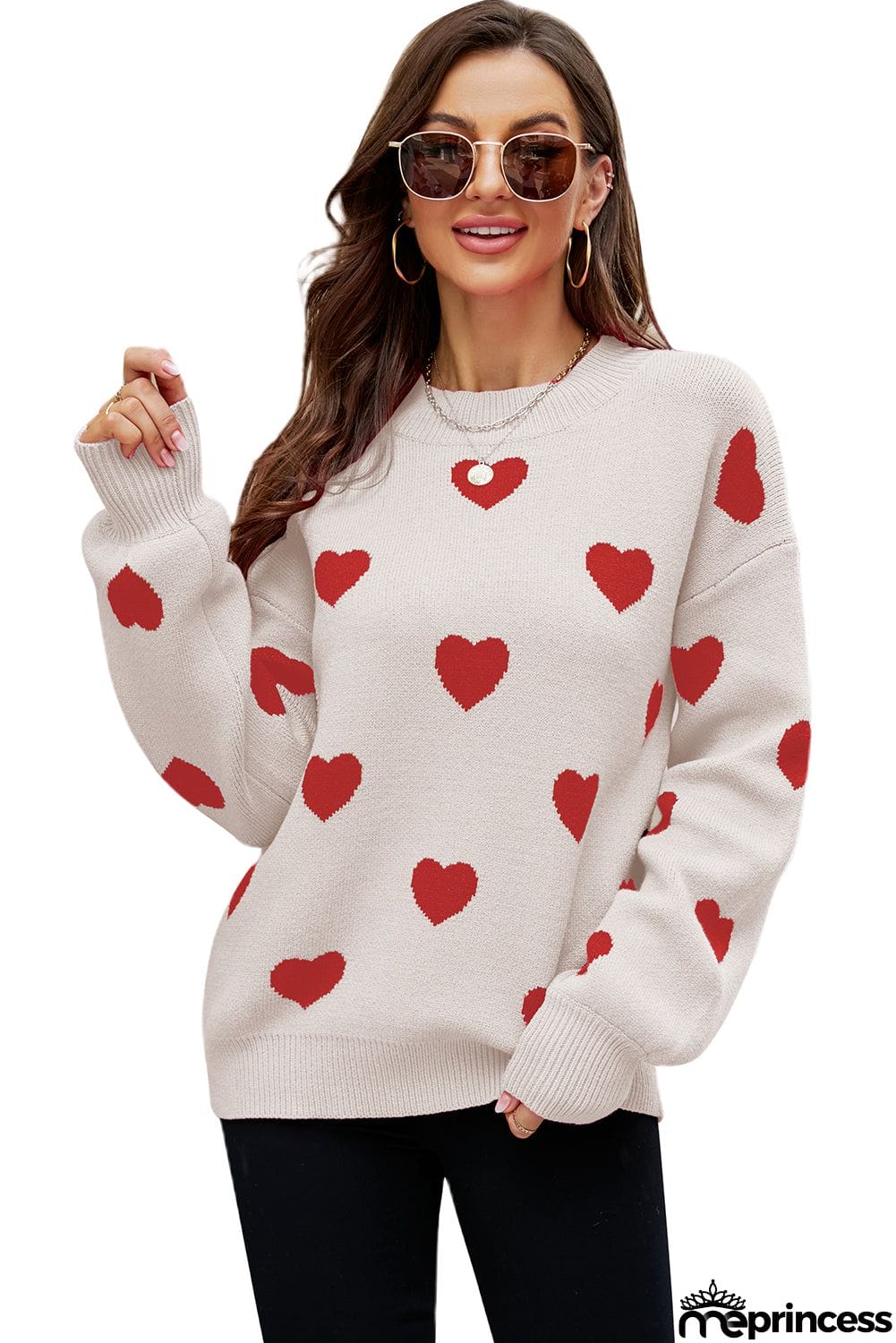 Heart Pattern Ribbed Trim Knit Sweater