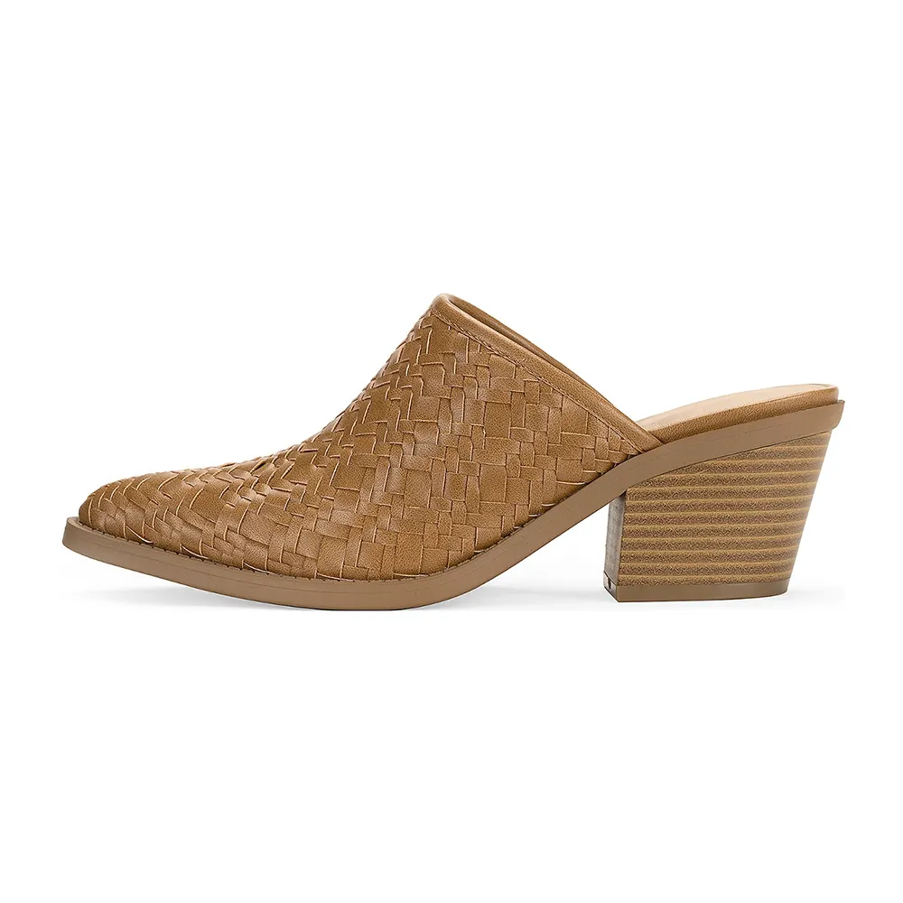 Brown Vegan Leather Pointed Toe Chunky Heel Comfy Slip On Mules Shoes