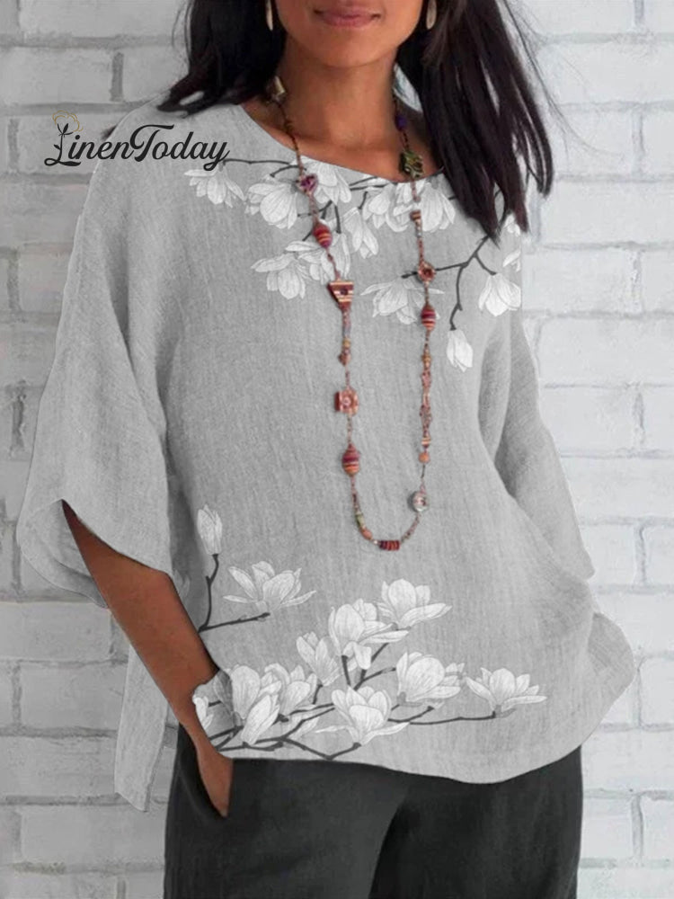 Women&rsquo;s Flower Print Casual Cotton And Linen 3/4 Sleeve Shirt Multicolor / S