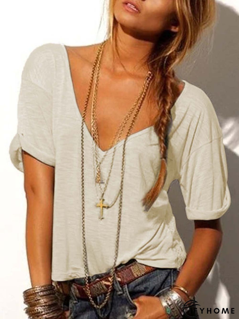 Casual Solid V Neck Top | IFYHOME