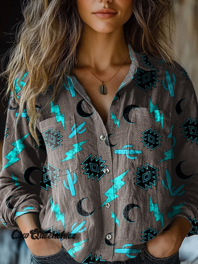 Women&rsquo;s Vintage Cactus Aztec Print Casual Long Sleeve Comfortable Cotton Shirt Multicolor / S