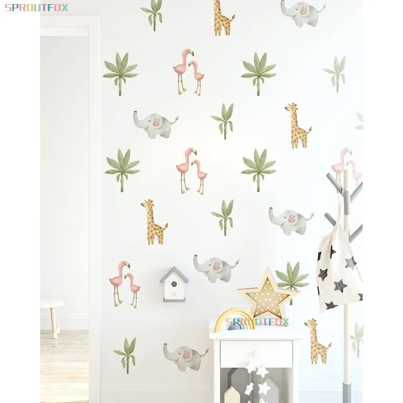 Cartoon Animal Baby Flamingo Elephant Giraffe Green Leaf Wall Stickers for Kids Room Living Room Baby Nursey Home Decoartion