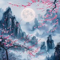 Cherry Blossom Moonlight Mountainscape - Diamond Painting