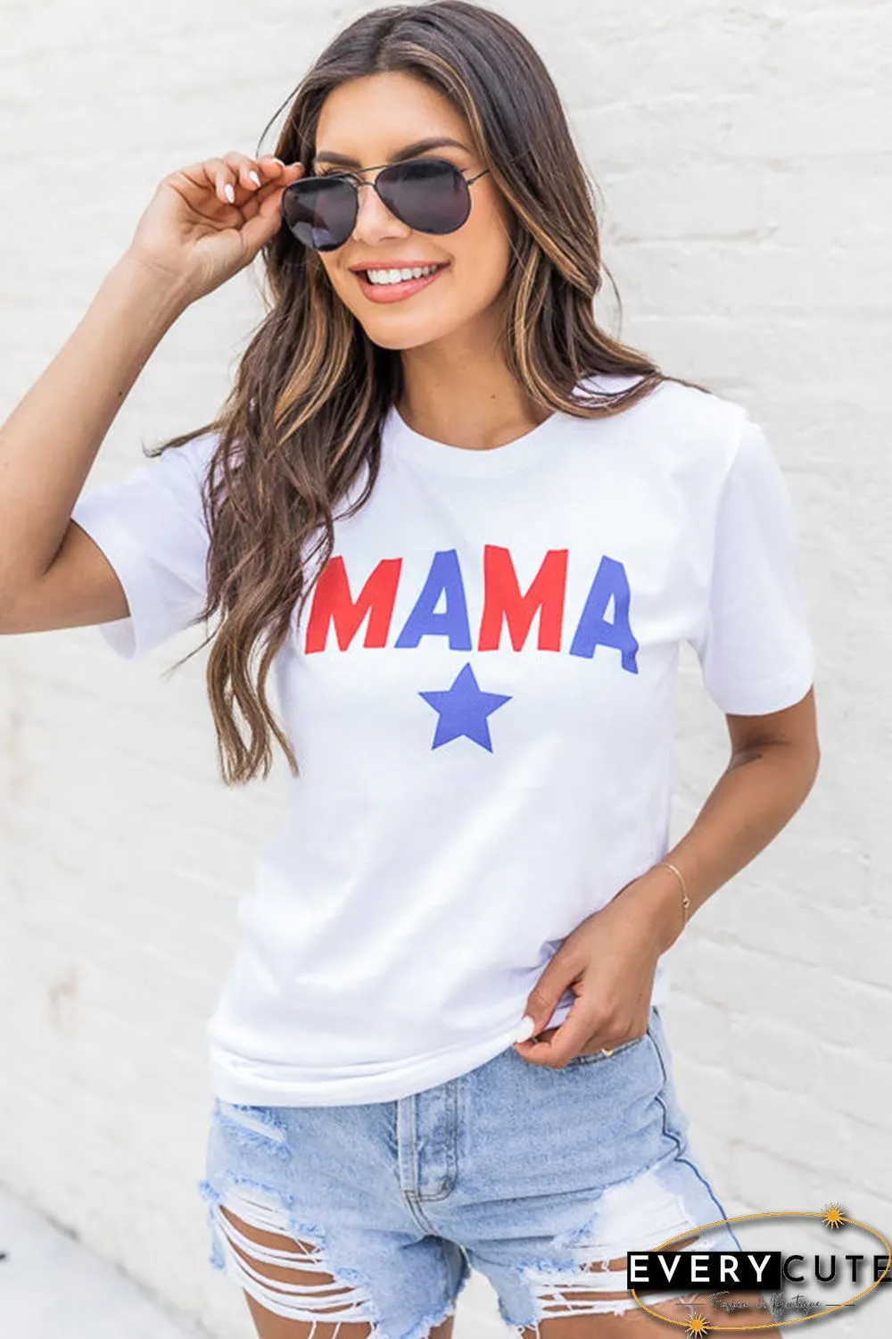 White MAMA Star Print Short Sleeve Crew Neck T Shirt