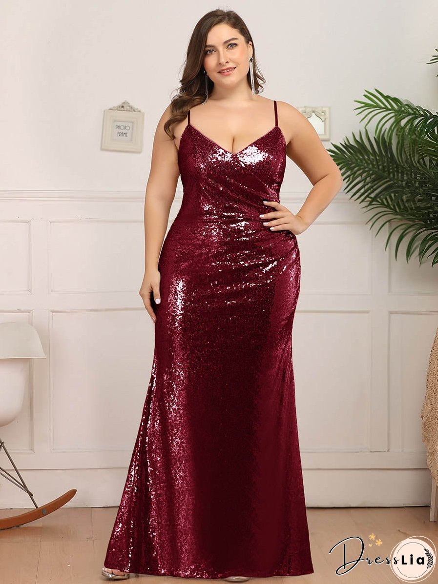Sexy Spaghetti Straps Fishtail Sequin Wholesale Plus Size Evening Gowns